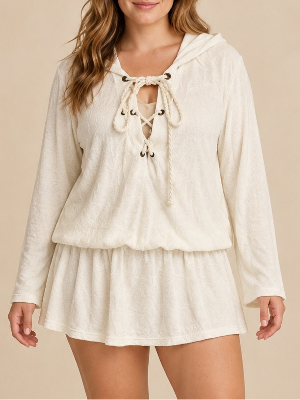 Ella Moss L Ivory Terry Cloth Lace-Up Hooded Swim Cover-Up Made USA